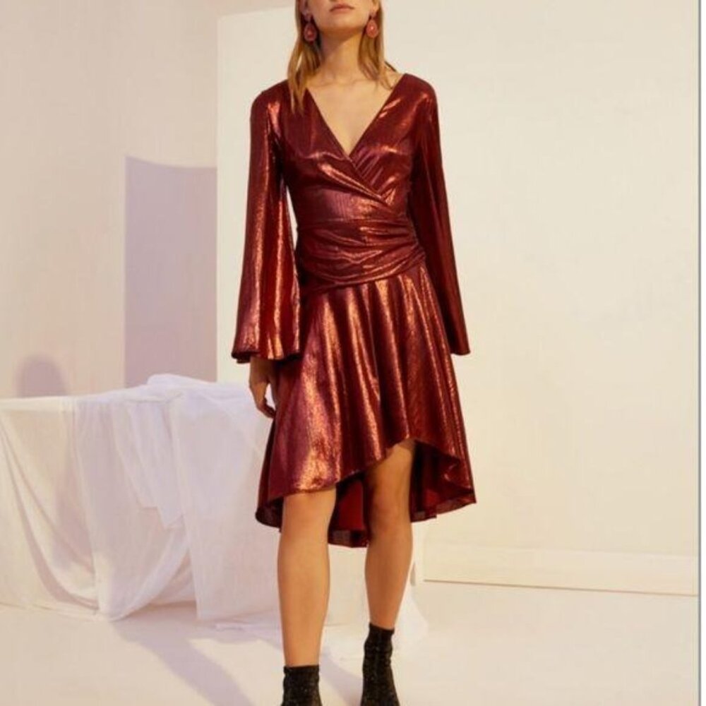 Keepsake The Label “Never Again” Metallic Berry Faux Wrap Dress Long Sleeve Asym